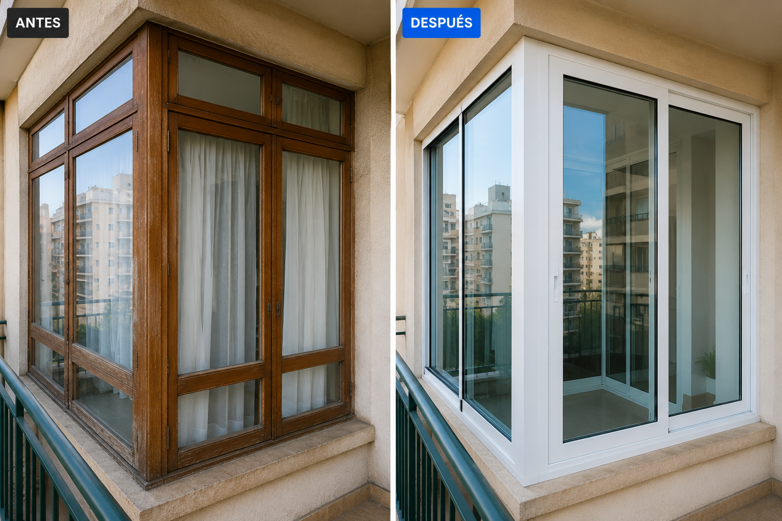Balcón cerrado a medida con perfilería de aluminio, antes y después